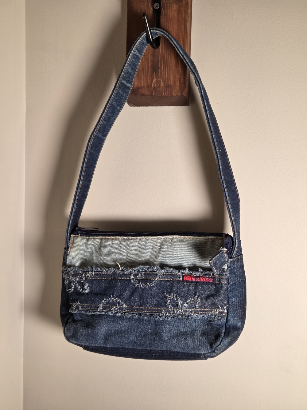 Vtg Y2K 1st Kiss Distressed Denim Shoulder Bag Grunge Jean Purse
